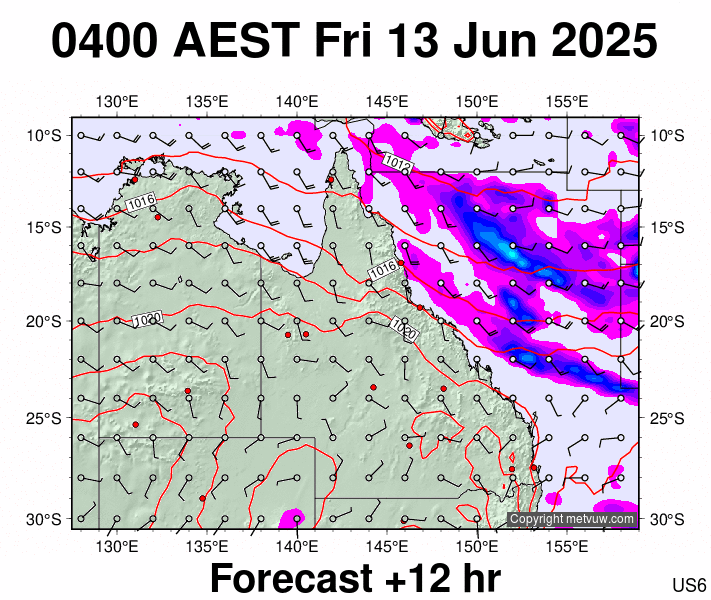 Queensland forecast chart for Thursday, June 12th, 2025 at 6:00 PM