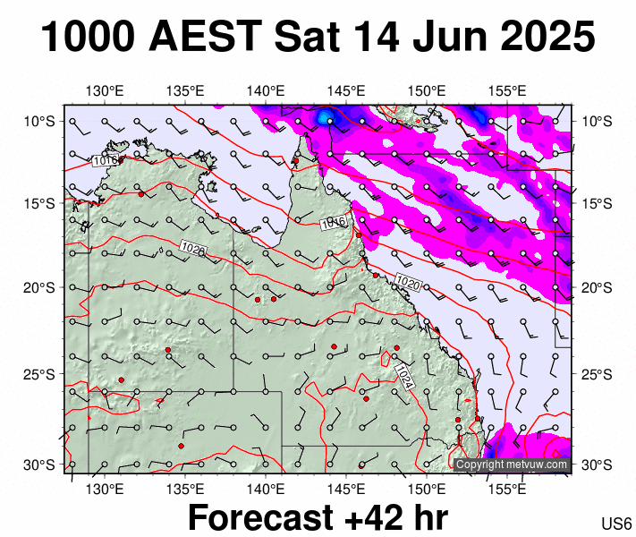 Queensland forecast chart for Saturday, June 14th, 2025 at 12:00 AM