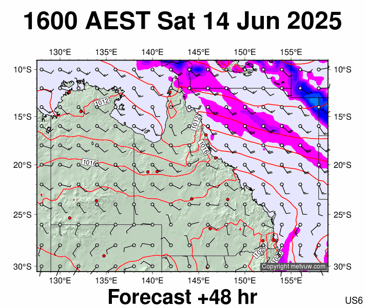 Queensland forecast chart for Saturday, June 14th, 2025 at 6:00 AM