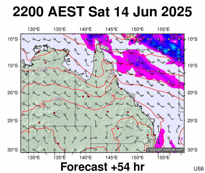 Queensland forecast chart for Saturday, June 14th, 2025 at 12:00 PM