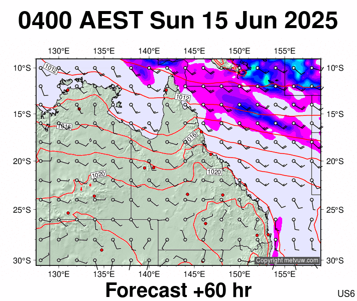Queensland forecast chart for Saturday, June 14th, 2025 at 6:00 PM