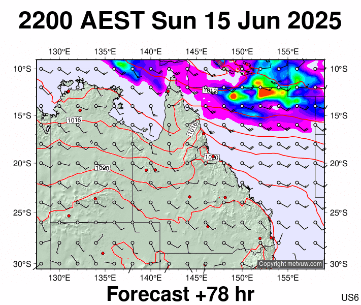 Queensland forecast chart for Sunday, June 15th, 2025 at 12:00 PM