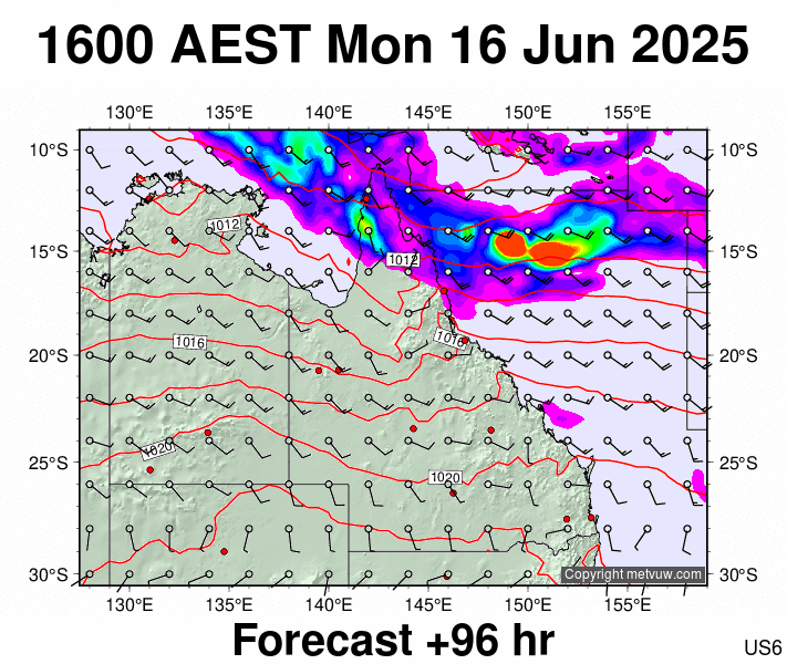Queensland forecast chart for Monday, June 16th, 2025 at 6:00 AM