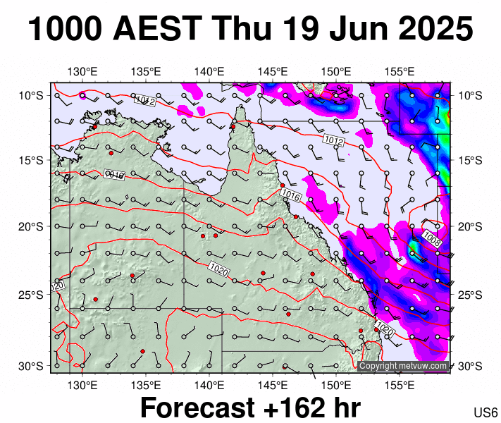 Queensland forecast chart for Thursday, June 19th, 2025 at 12:00 AM