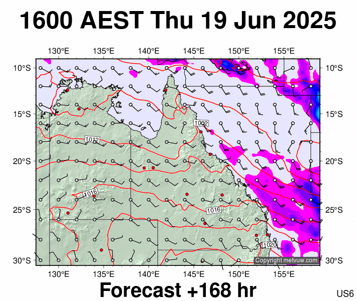 Queensland forecast chart for Thursday, June 19th, 2025 at 6:00 AM