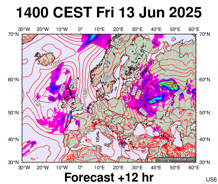 Europe forecast chart for Friday, June 13th, 2025 at 12:00 PM