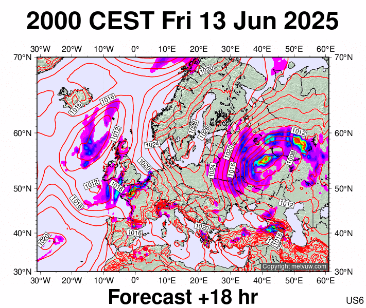 Europe forecast chart for Friday, June 13th, 2025 at 6:00 PM