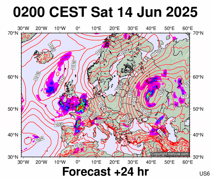 Europe forecast chart for Saturday, June 14th, 2025 at 12:00 AM