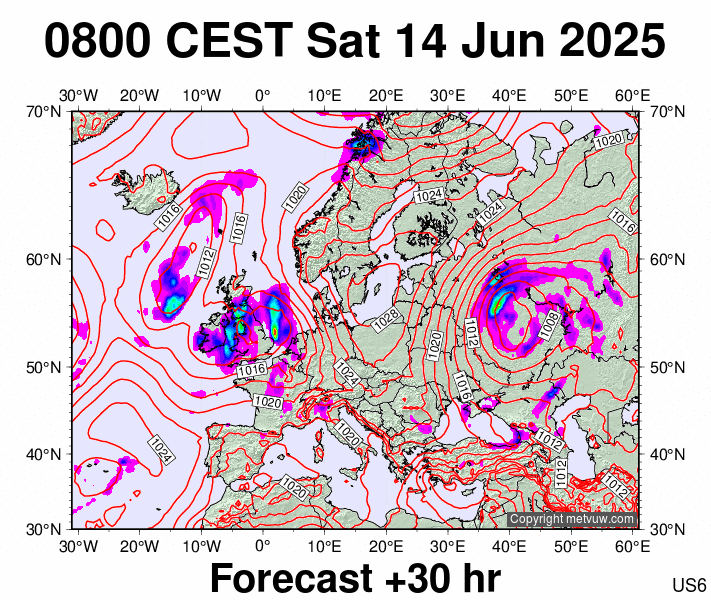 Europe forecast chart for Saturday, June 14th, 2025 at 6:00 AM