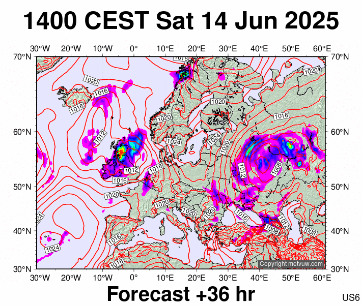 Europe forecast chart for Saturday, June 14th, 2025 at 12:00 PM