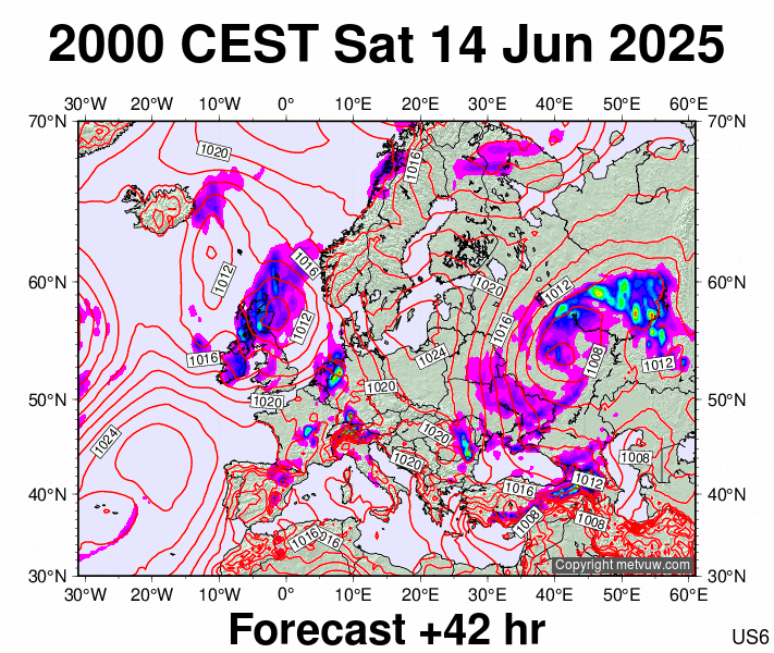 Europe forecast chart for Saturday, June 14th, 2025 at 6:00 PM