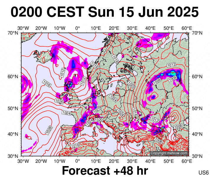 Europe forecast chart for Sunday, June 15th, 2025 at 12:00 AM