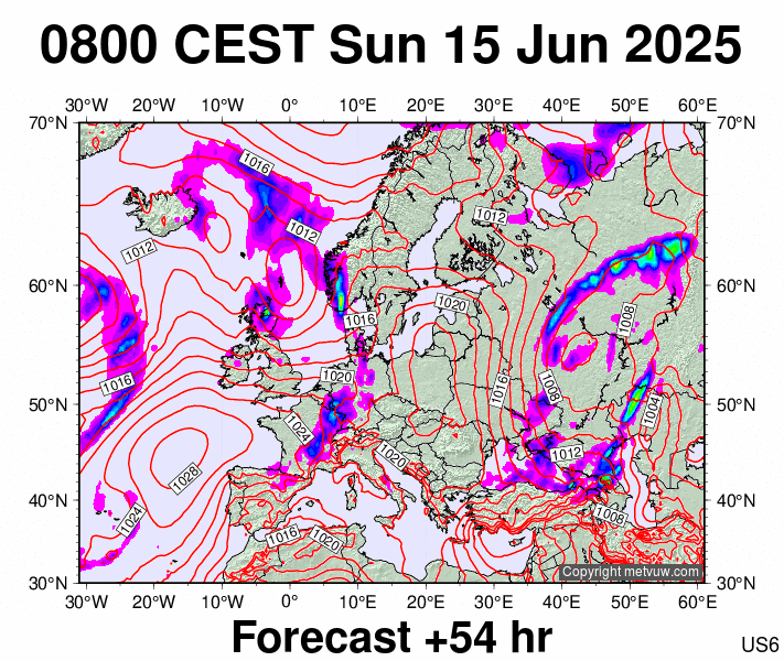 Europe forecast chart for Sunday, June 15th, 2025 at 6:00 AM
