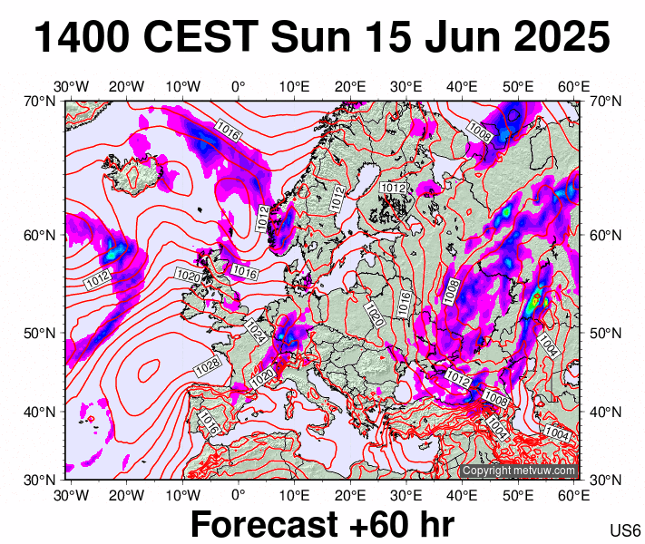 Europe forecast chart for Sunday, June 15th, 2025 at 12:00 PM
