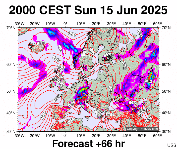 Europe forecast chart for Sunday, June 15th, 2025 at 6:00 PM
