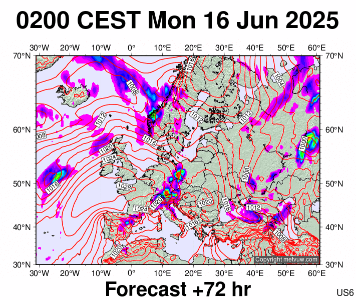 Europe forecast chart for Monday, June 16th, 2025 at 12:00 AM