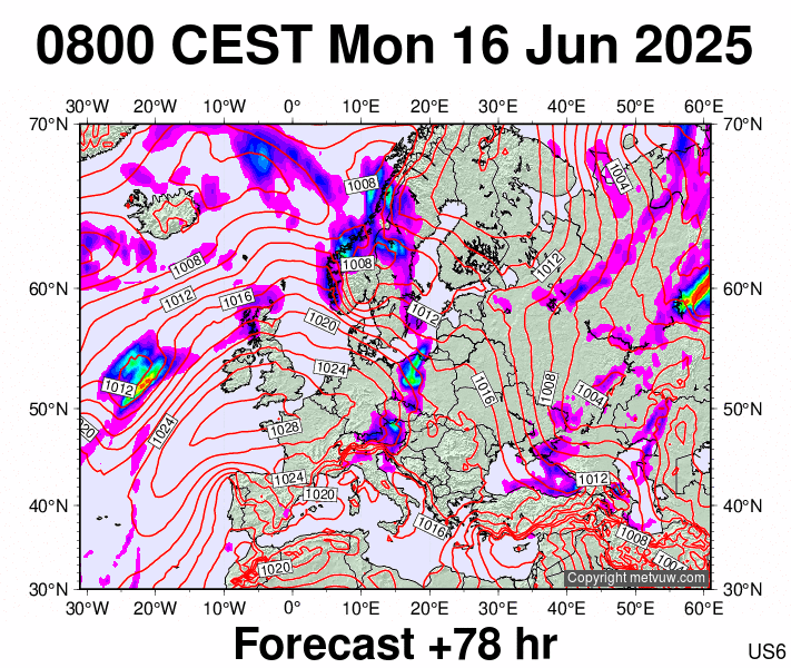 Europe forecast chart for Monday, June 16th, 2025 at 6:00 AM