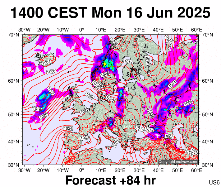 Europe forecast chart for Monday, June 16th, 2025 at 12:00 PM