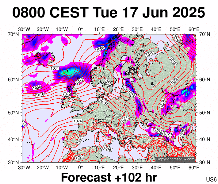 Europe forecast chart for Tuesday, June 17th, 2025 at 6:00 AM