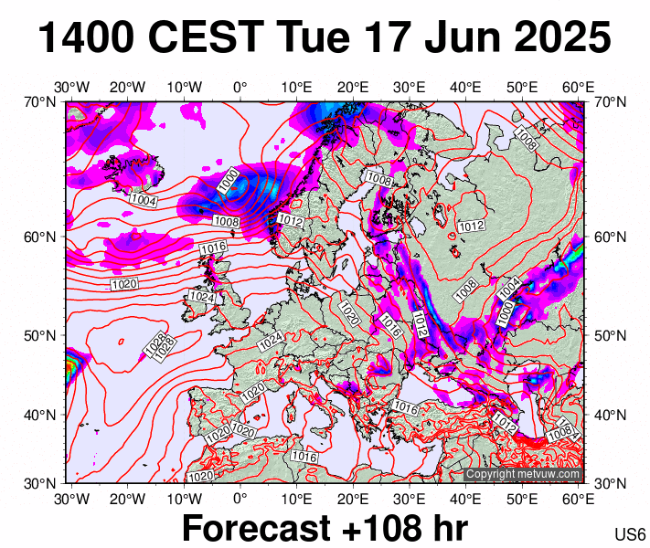 Europe forecast chart for Tuesday, June 17th, 2025 at 12:00 PM