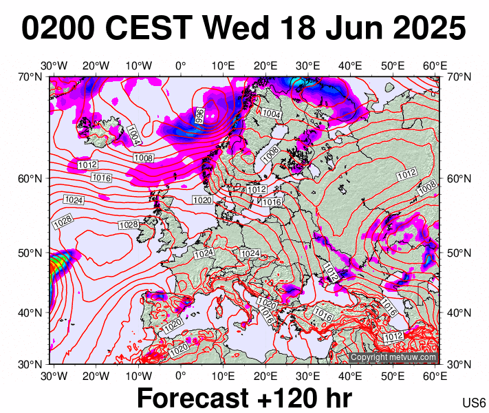 Europe forecast chart for Wednesday, June 18th, 2025 at 12:00 AM