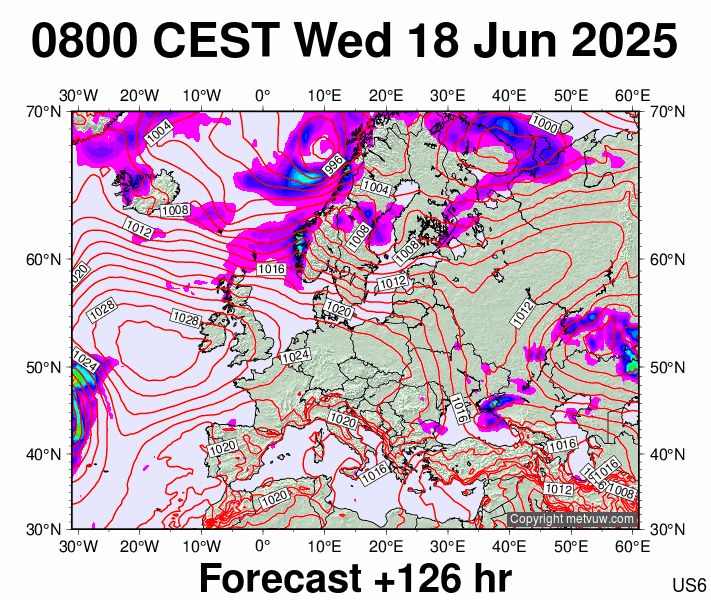 Europe forecast chart for Wednesday, June 18th, 2025 at 6:00 AM