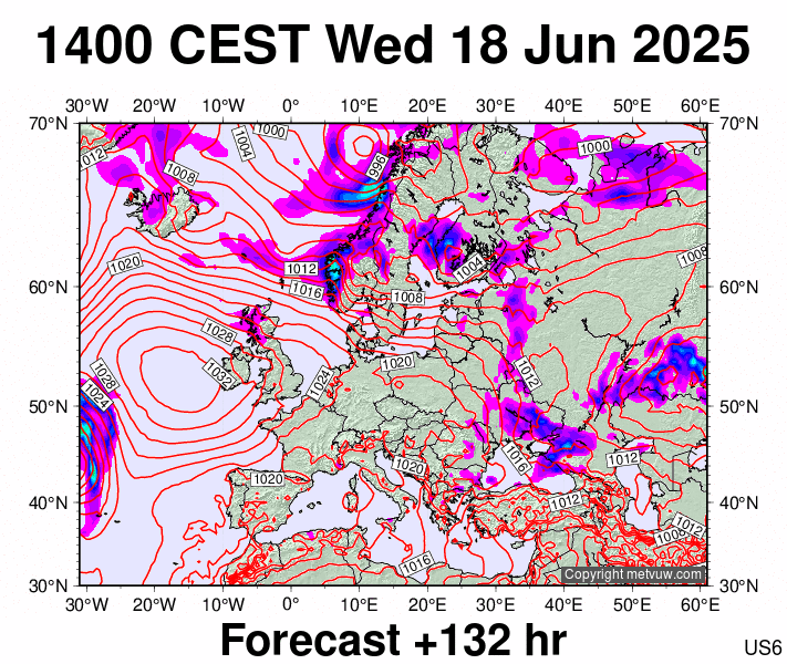 Europe forecast chart for Wednesday, June 18th, 2025 at 12:00 PM