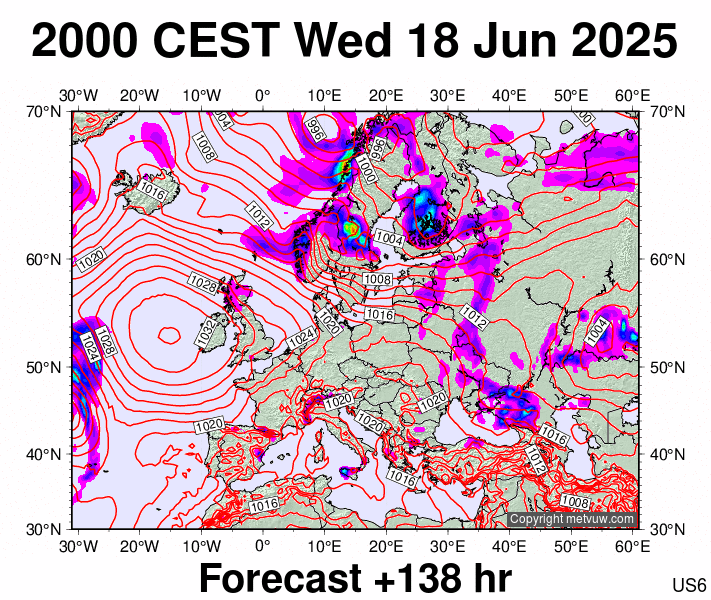 Europe forecast chart for Wednesday, June 18th, 2025 at 6:00 PM