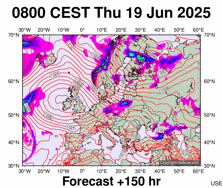 Europe forecast chart for Thursday, June 19th, 2025 at 6:00 AM