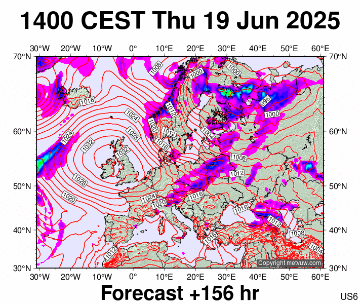 Europe forecast chart for Thursday, June 19th, 2025 at 12:00 PM