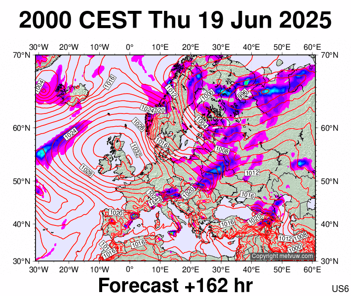 Europe forecast chart for Thursday, June 19th, 2025 at 6:00 PM