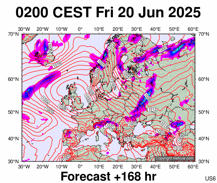 Europe forecast chart for Friday, June 20th, 2025 at 12:00 AM
