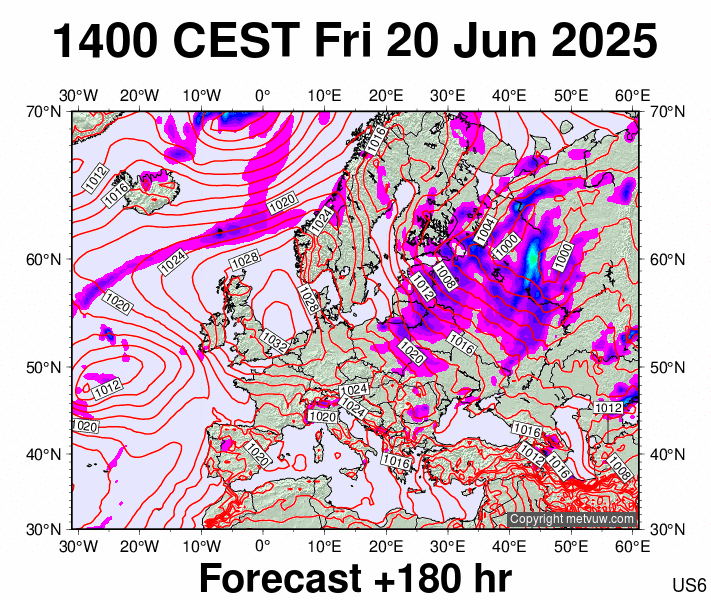 Europe forecast chart for Friday, June 20th, 2025 at 12:00 PM