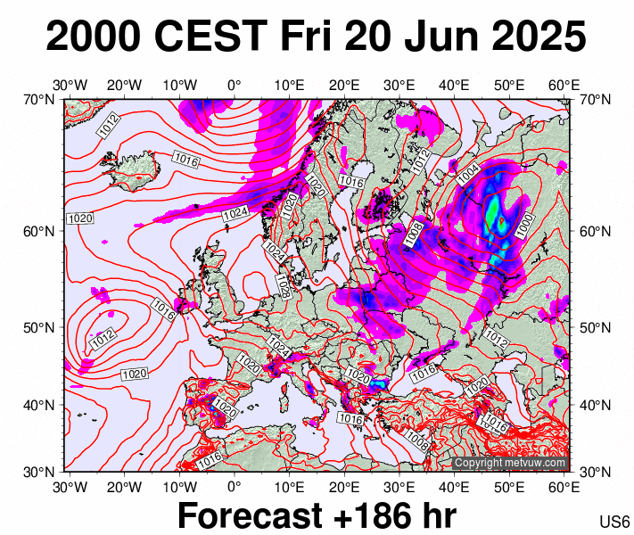 Europe forecast chart for Friday, June 20th, 2025 at 6:00 PM