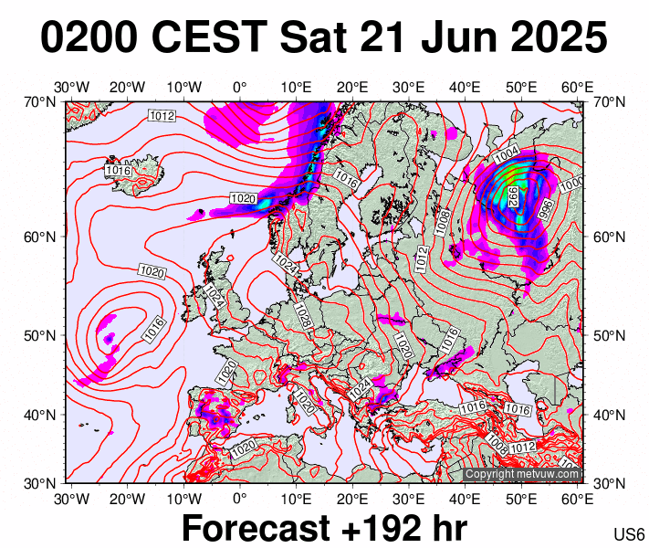 Europe forecast chart for Saturday, June 21st, 2025 at 12:00 AM