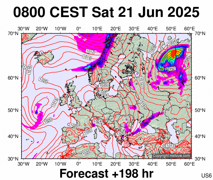 Europe forecast chart for Saturday, June 21st, 2025 at 6:00 AM