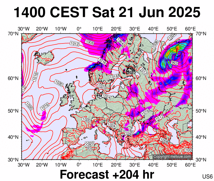 Europe forecast chart for Saturday, June 21st, 2025 at 12:00 PM