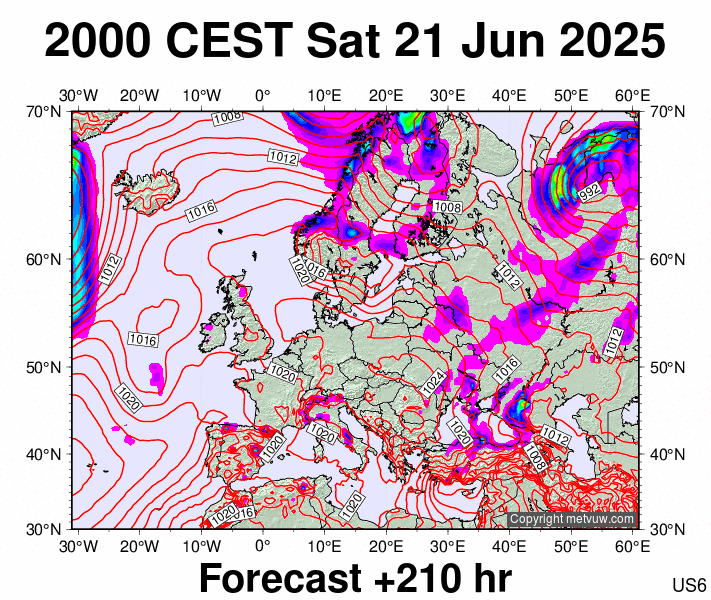 Europe forecast chart for Saturday, June 21st, 2025 at 6:00 PM