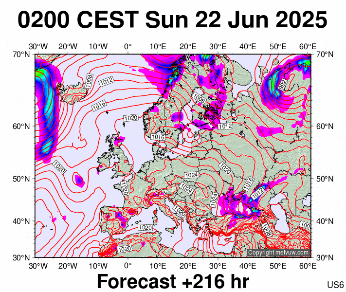 Europe forecast chart for Sunday, June 22nd, 2025 at 12:00 AM