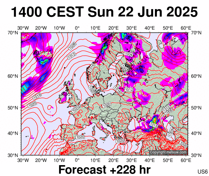 Europe forecast chart for Sunday, June 22nd, 2025 at 12:00 PM