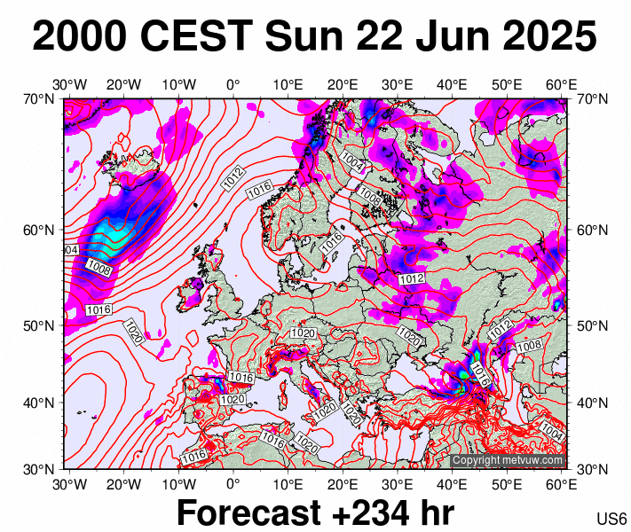 Europe forecast chart for Sunday, June 22nd, 2025 at 6:00 PM
