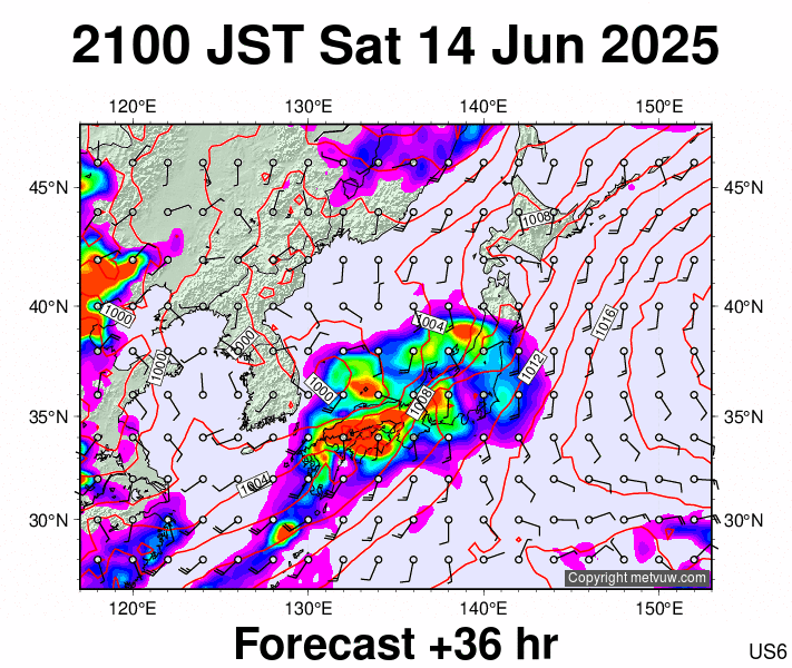 Japan forecast chart for Saturday, June 14th, 2025 at 12:00 PM