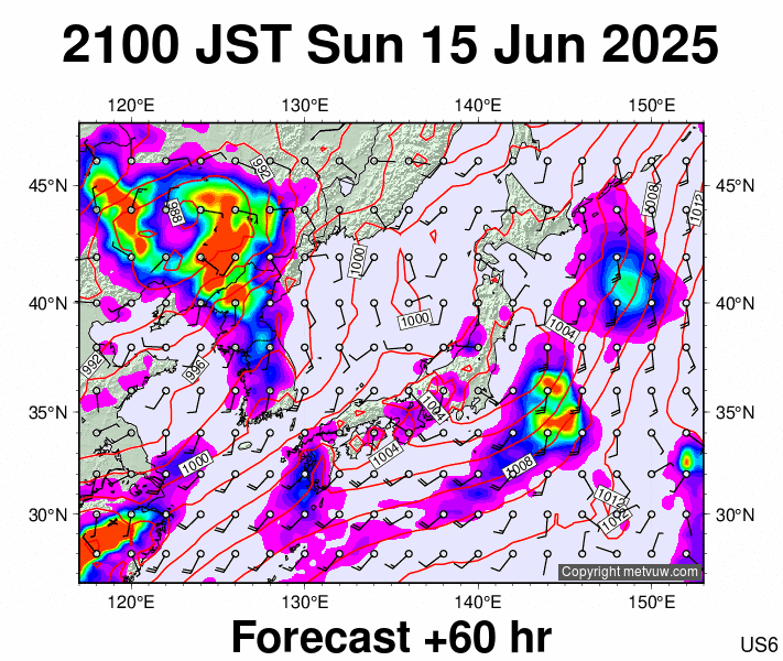 Japan forecast chart for Sunday, June 15th, 2025 at 12:00 PM