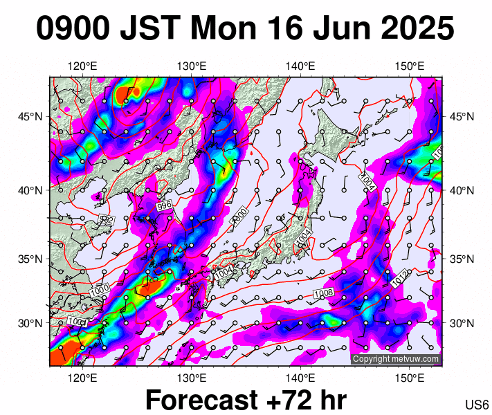 Japan forecast chart for Monday, June 16th, 2025 at 12:00 AM