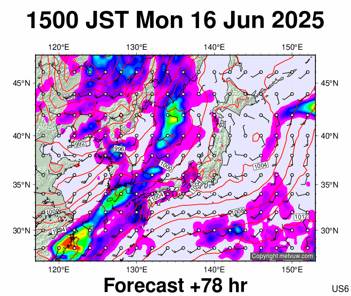 Japan forecast chart for Monday, June 16th, 2025 at 6:00 AM