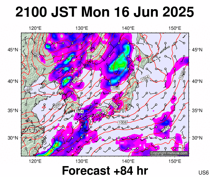 Japan forecast chart for Monday, June 16th, 2025 at 12:00 PM