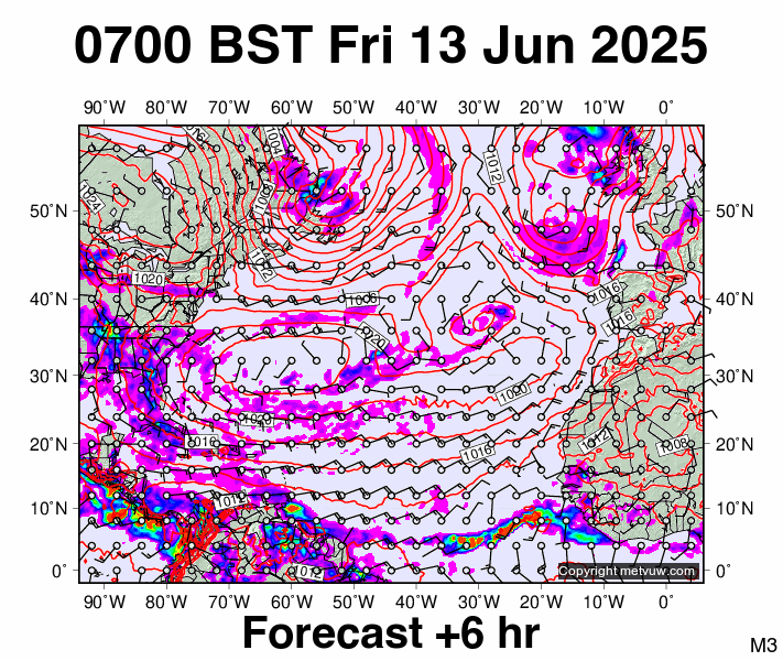 North Atlantic forecast chart for Friday, June 13th, 2025 at 6:00 AM