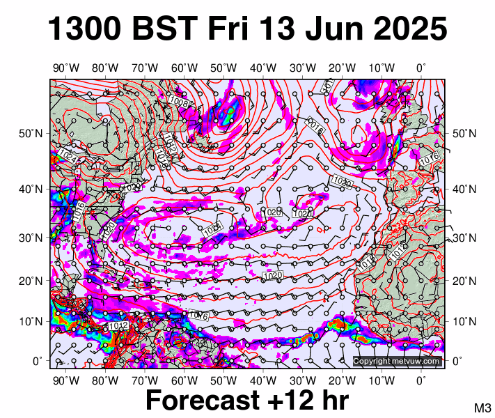 North Atlantic forecast chart for Friday, June 13th, 2025 at 12:00 PM