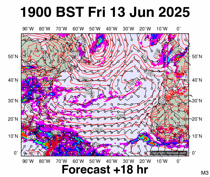 North Atlantic forecast chart for Friday, June 13th, 2025 at 6:00 PM