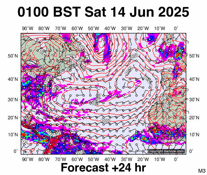 North Atlantic forecast chart for Saturday, June 14th, 2025 at 12:00 AM